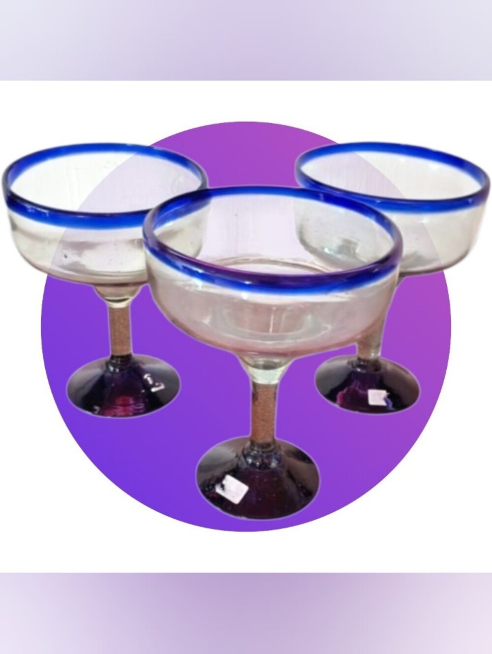 Blue-Rim Margarita Glasses with Dark Blue Stem - Set of 3